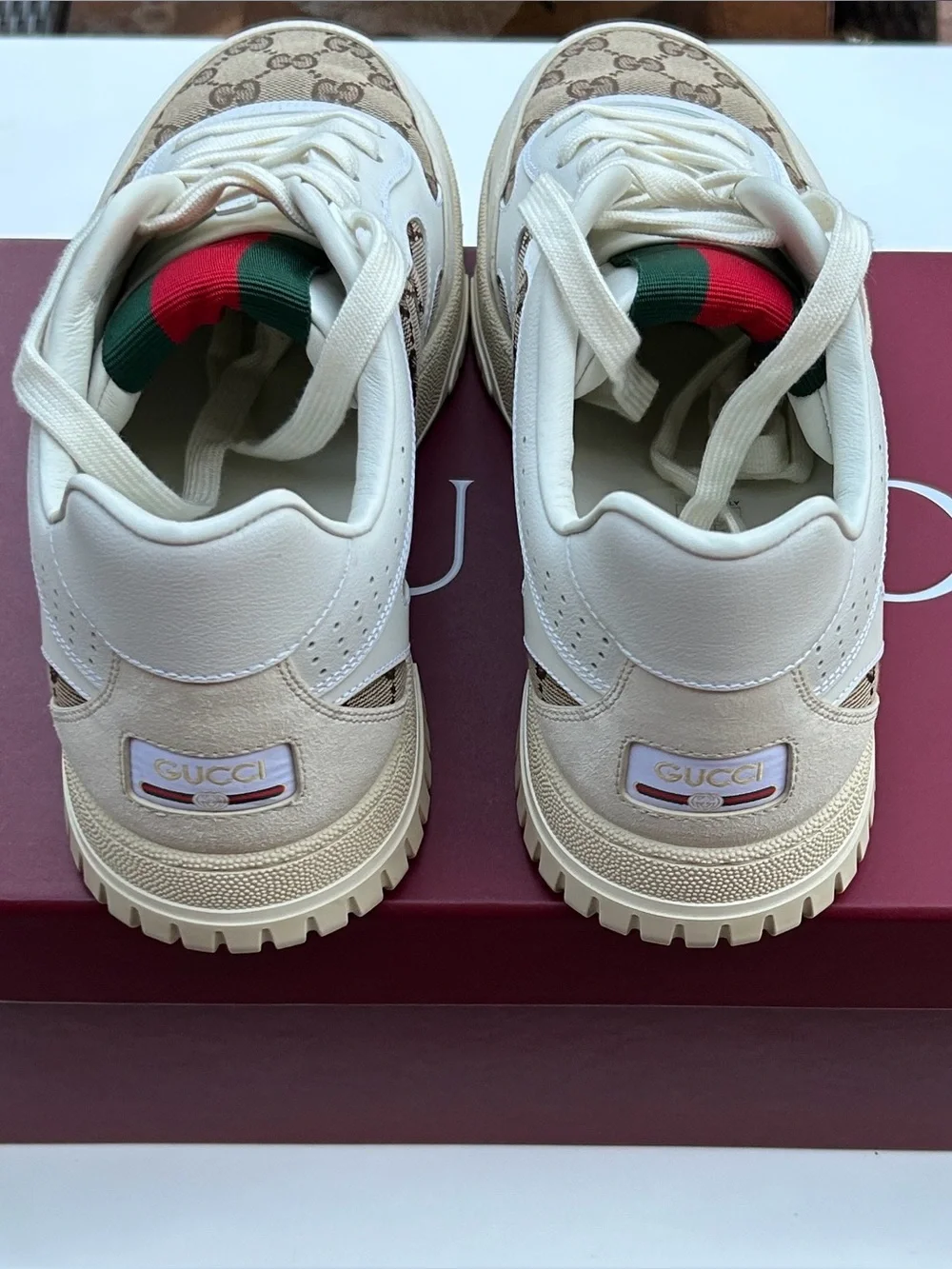 Gucci Beige & White GG Monogram Sneakers with Green-Red Web